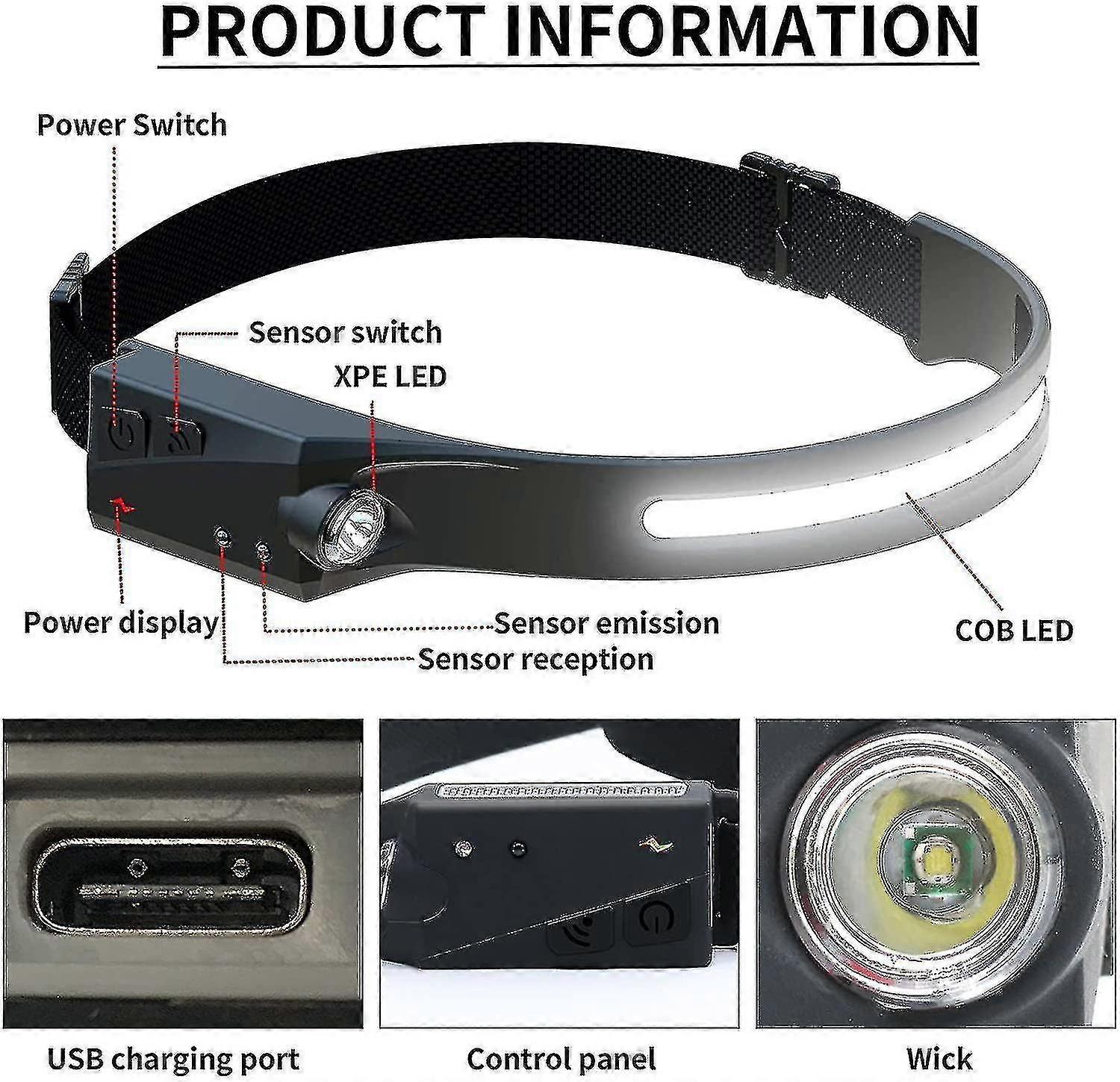 Led Headlamp Waterproof Motion Sensor Headlight 4 Modes For Camping Running Cycling