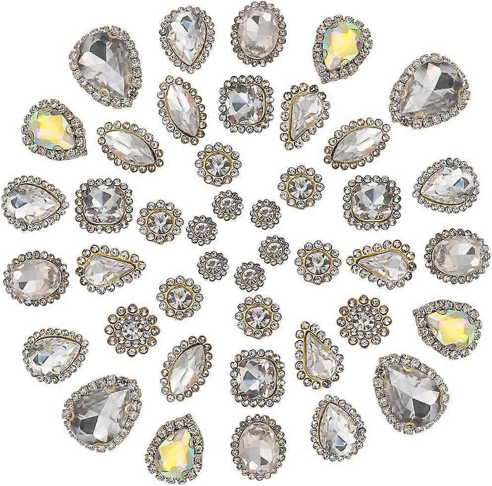 100PCS 10 Styles Sew on Rhinestones Mixed Shapes Crystal Claw Gold Prong Setting Glass Sewing Buttons Flatback Fancy Stone Gems with 4 Holes for Jewel