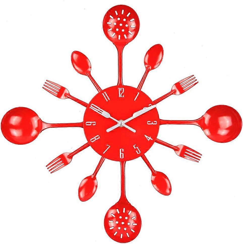 (Red)Mirror Effect Kitchen Clock with Spoon, Fork, 3D Removable Sticker for Home Decoration