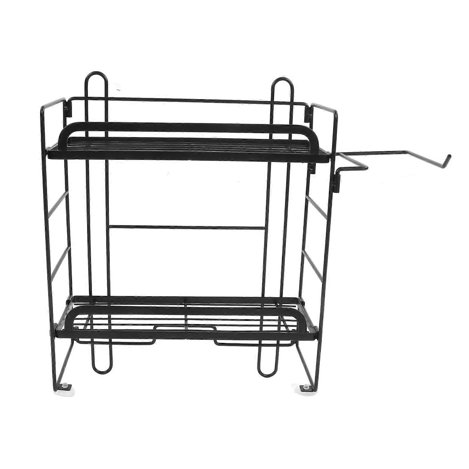 Black Iron Wall Mounted 2 Layers Foldable Grid Toilet Storage Shelves with Hooks for Bathroom