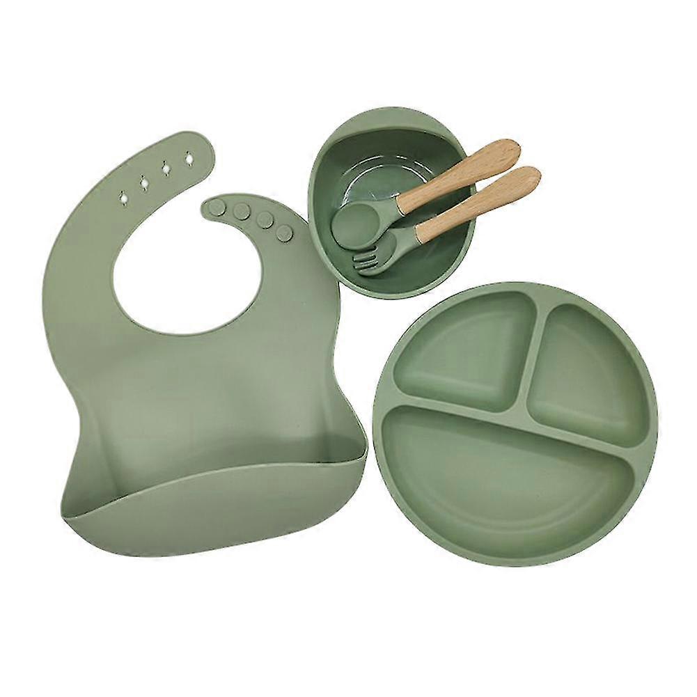 Food Grade Silicone Baby Feeding Set Wood Fork Spoon Plate Bowl And Bib Baby Feeding Training Tableware-c