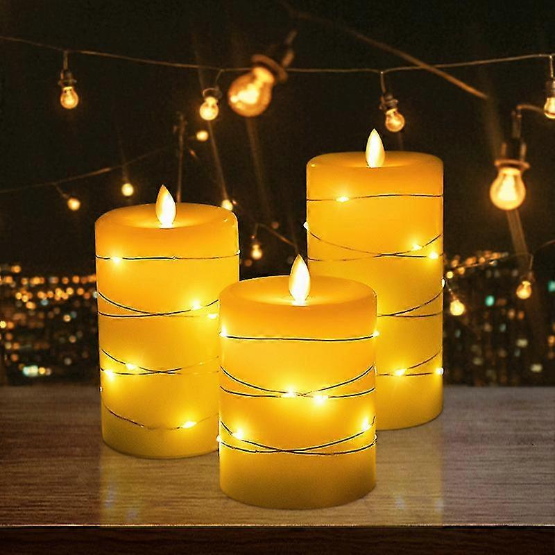 Flameless Candle With Recessed Fairy String Lights, 3 Piece Led Candles With 10 Button Remote Control, 24 Hours Timer Function, Dancing Flame, Real Wa