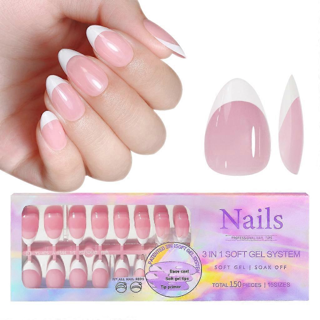 Pontas de unhas de gel macio Prensa colorida nas unhas 150Pcs 3 em 1 X Dicas de revestimento Primer de ponta pré-aplicada, Base Coat Unha falsa de um passo
