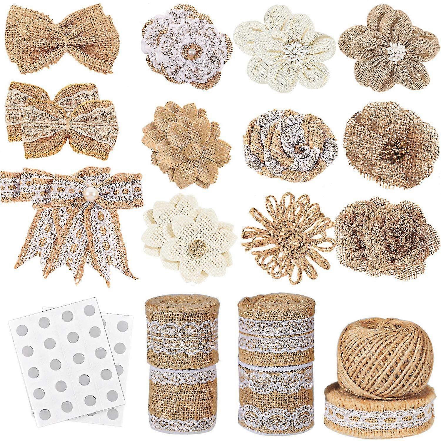 30 Burlap Flowers Including 5 Rolls Of Burlap Lace Ribbon 24 Handmade Flowers