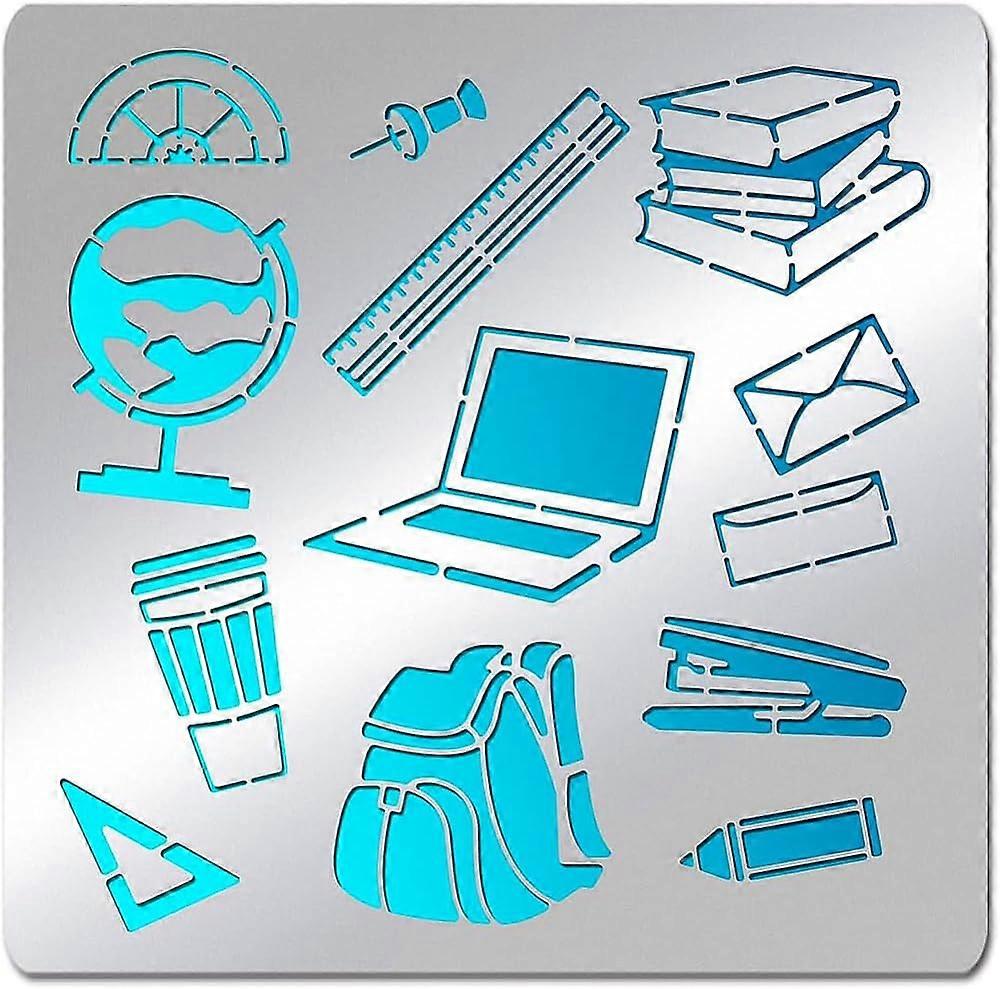 Study Stainless Steel Stencil Template 6x6" Globe School Bag Ruler Computer Metal Journal Template Tool for Graduation Back to School Drawing Painting