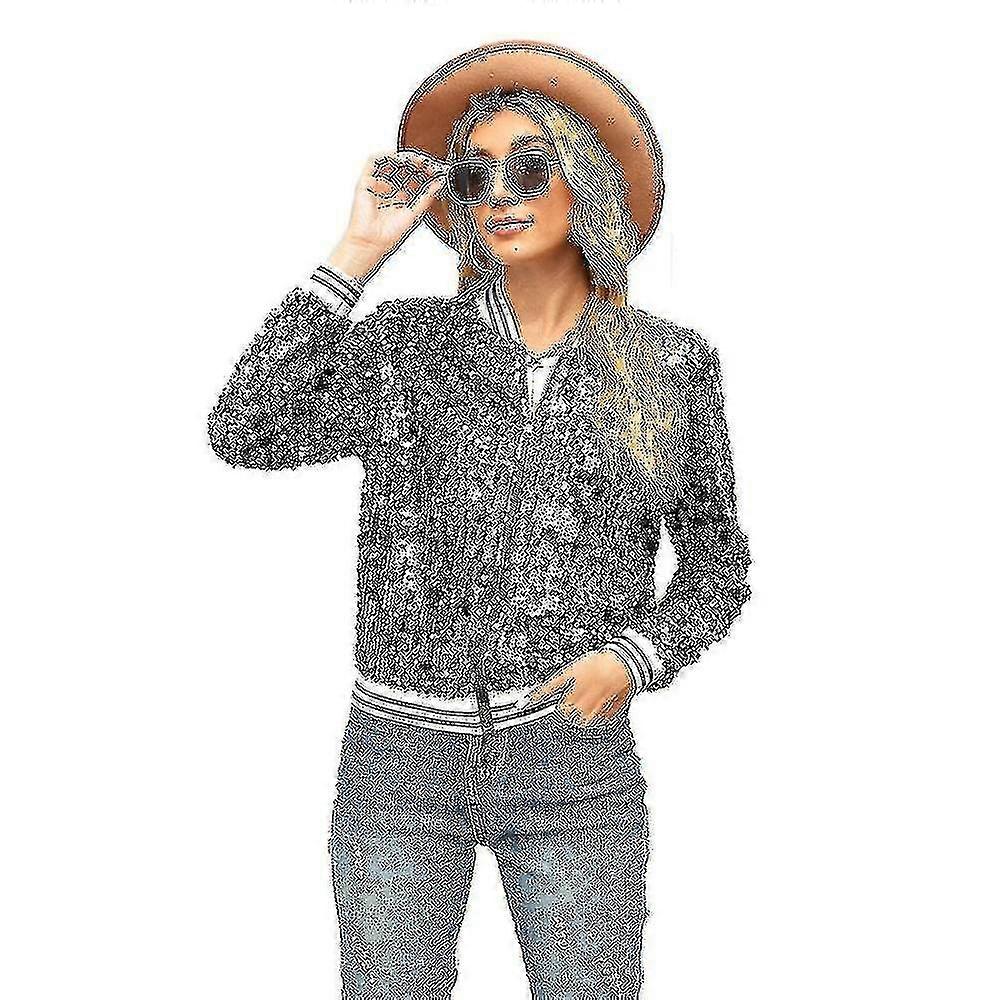 Women's Sequin Fitted Long Sleeve Zipper Blazer Bomber Jacket