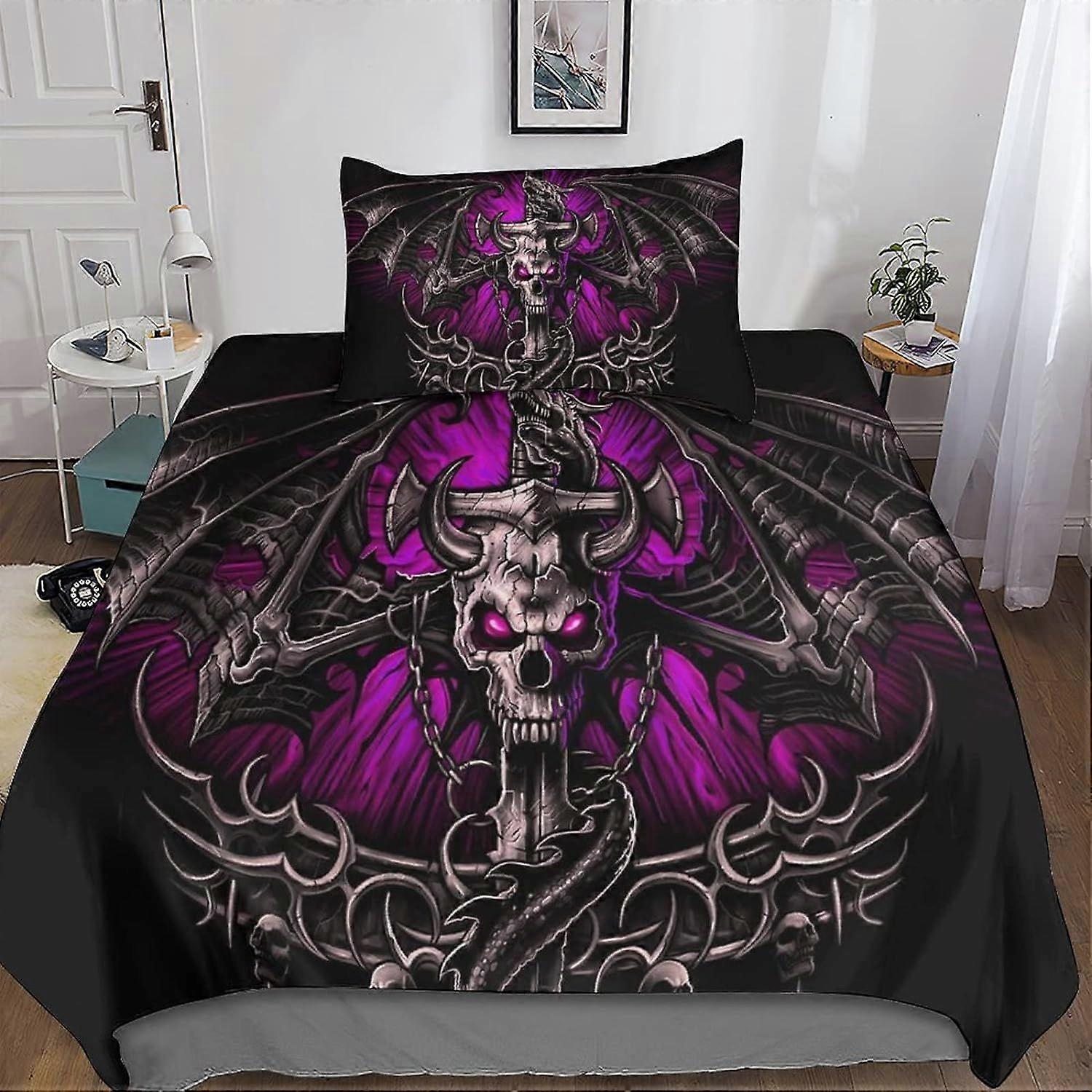 Gothic Skeleton Bedding Set 3D Duvet Cover, Printed 2 Pieces, Pink Microfiber Bedding with Zipper Closure Pillowcases for Single or Double Bed Single