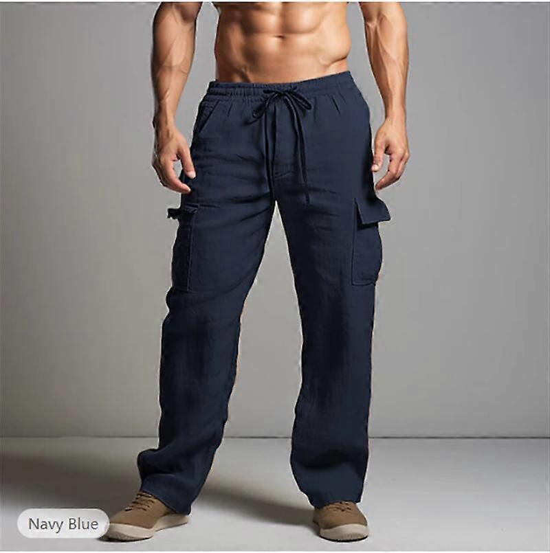 Men's Linen Pants Casual Loose Lightweight Drawstring Elastic Waist Summer Yoga Beach Straight Trousers for Men Breathable Pants with Pockets