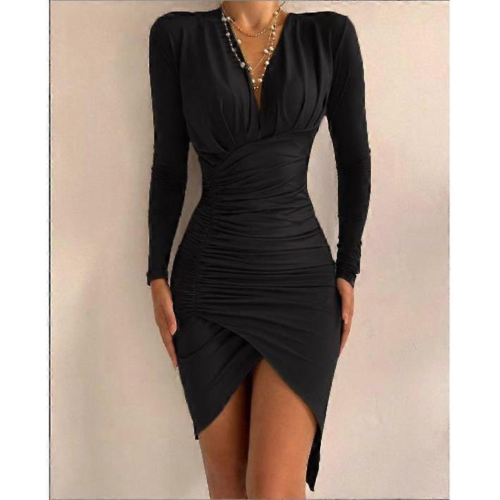 Ladies Elegant Sexy Slim Wrap Deep V-neck Long Sleeve Patchwork Irregular Hip Midi Dress