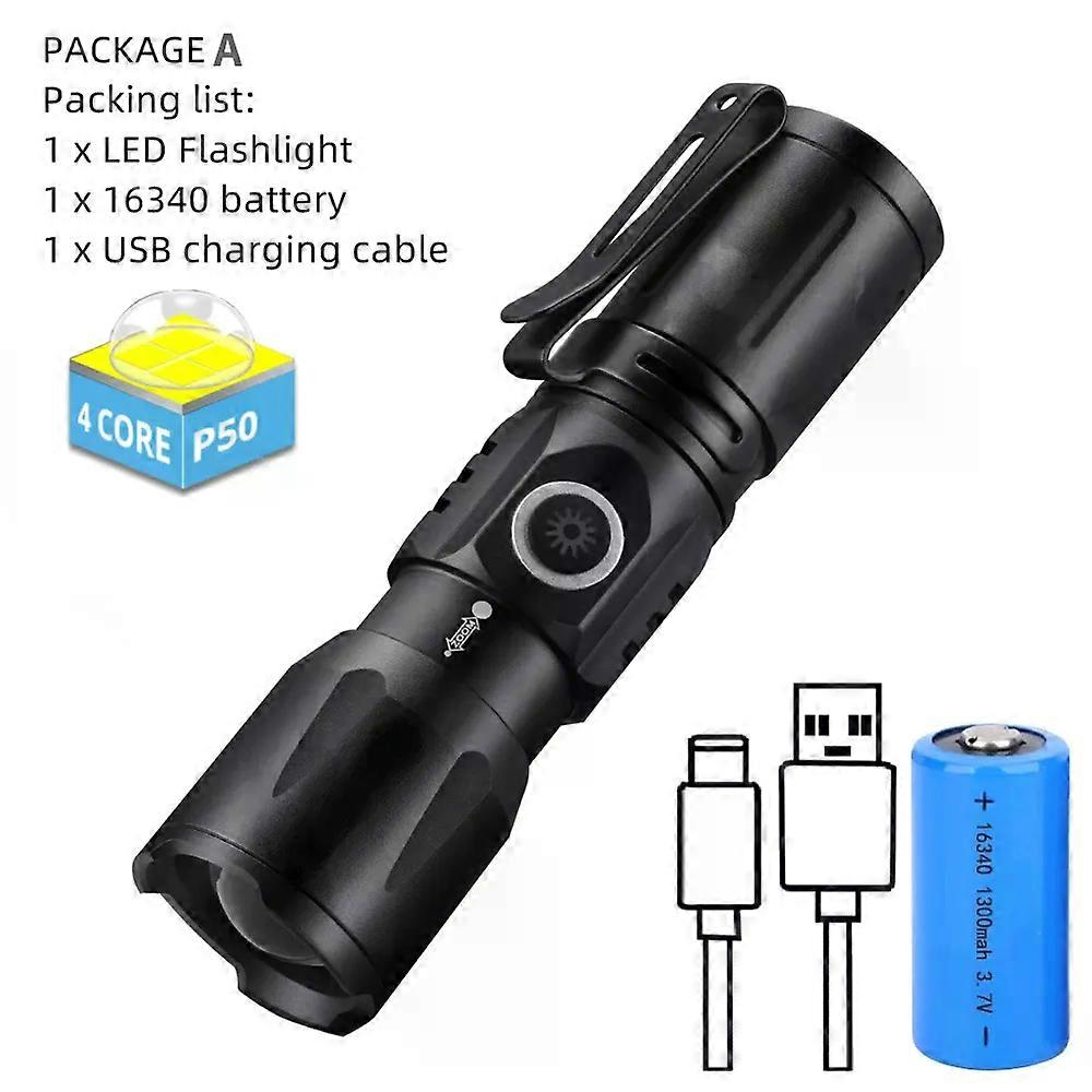 Zoom White Beam Light Long Distance Mini Flashlight Type-C Usb Rechargeable Portable Pocket Torch Home Outdoor 16340 Battery