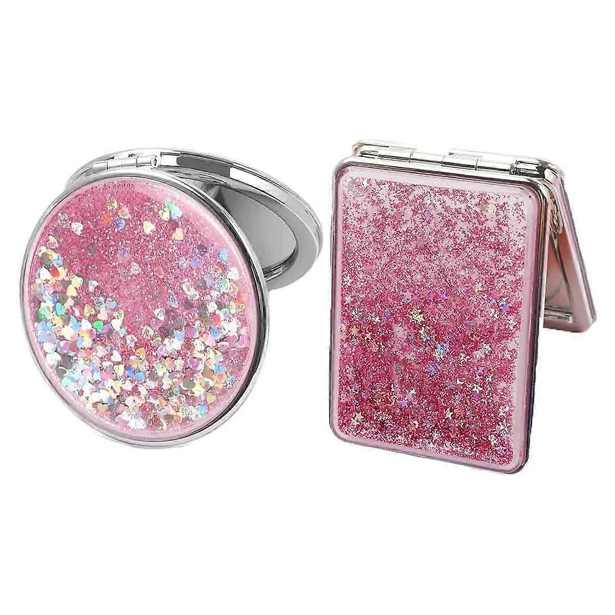 2 Pieces Makeup Small Mirror, Mini Folding Quicksand Mirror, Pocket Double Sided Portable Mirror, Round and Square Folding Mirror for Women