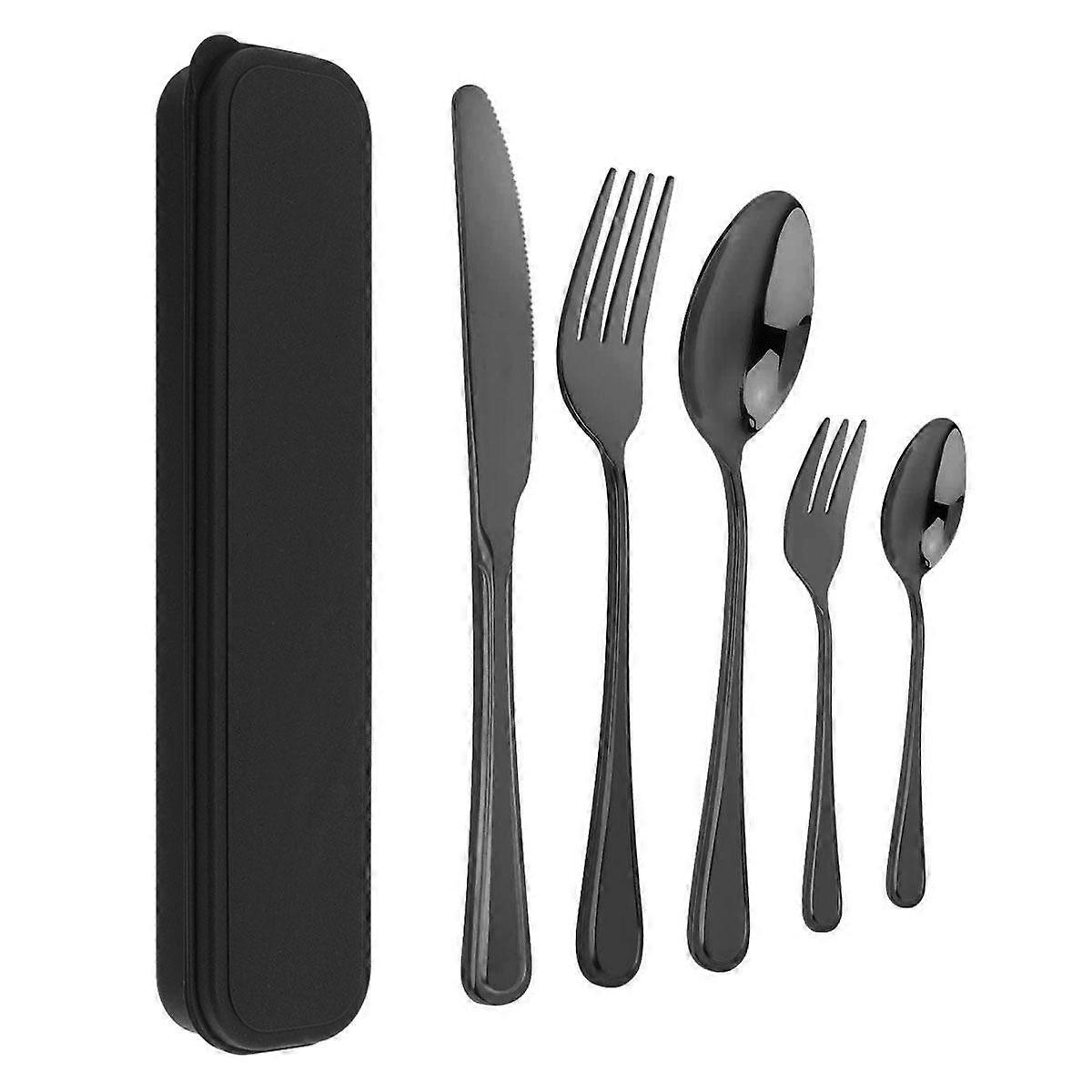 5pcs/set Portable Stainless Steel Travel Flatware Set for Camping Picnic / School Lunch / Daily Use with Tableware Box