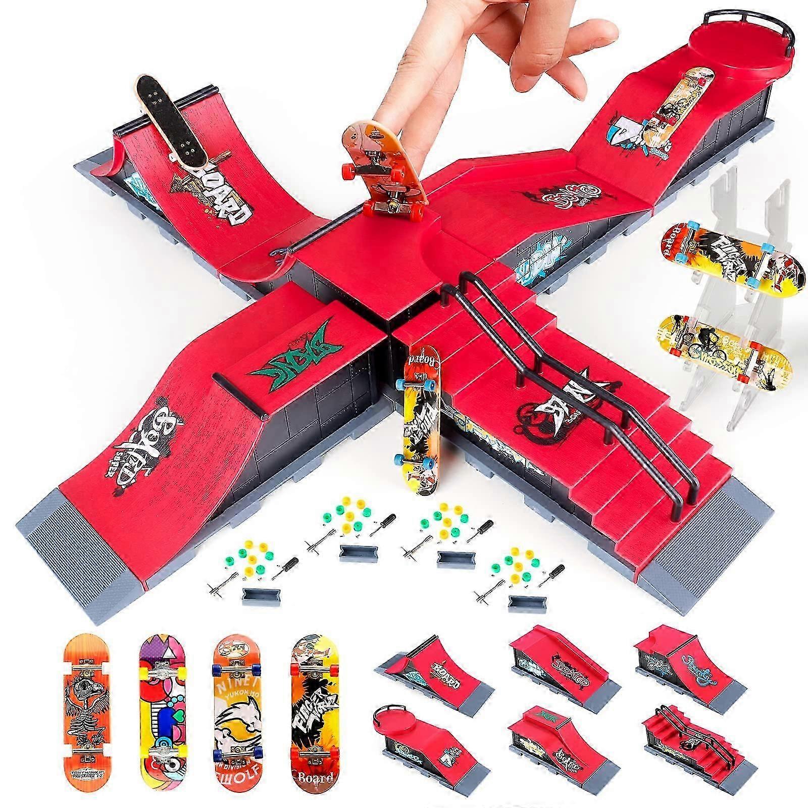 6ピースミニフィンガースケートボードとランプアクセサリーセット、子供と子供のためのDIY面白いデスクトップスケートパークボードゲームおもちゃ(6-in-1)