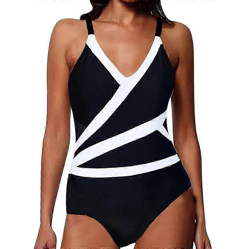 Costume da bagno intero con design a blocchi di colore retrò in bianco e nero con scollo a V e vestibilità elastica