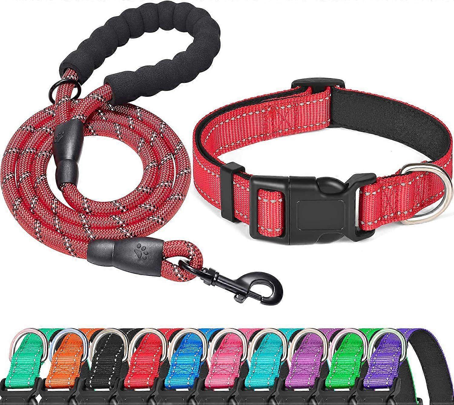Dynmeow Reflective Dog Collar and Leash, Adjustable Pet Collar with Soft Neoprene Padding for Small, Medium and Large Dogs, Climbing Rope, Red, S