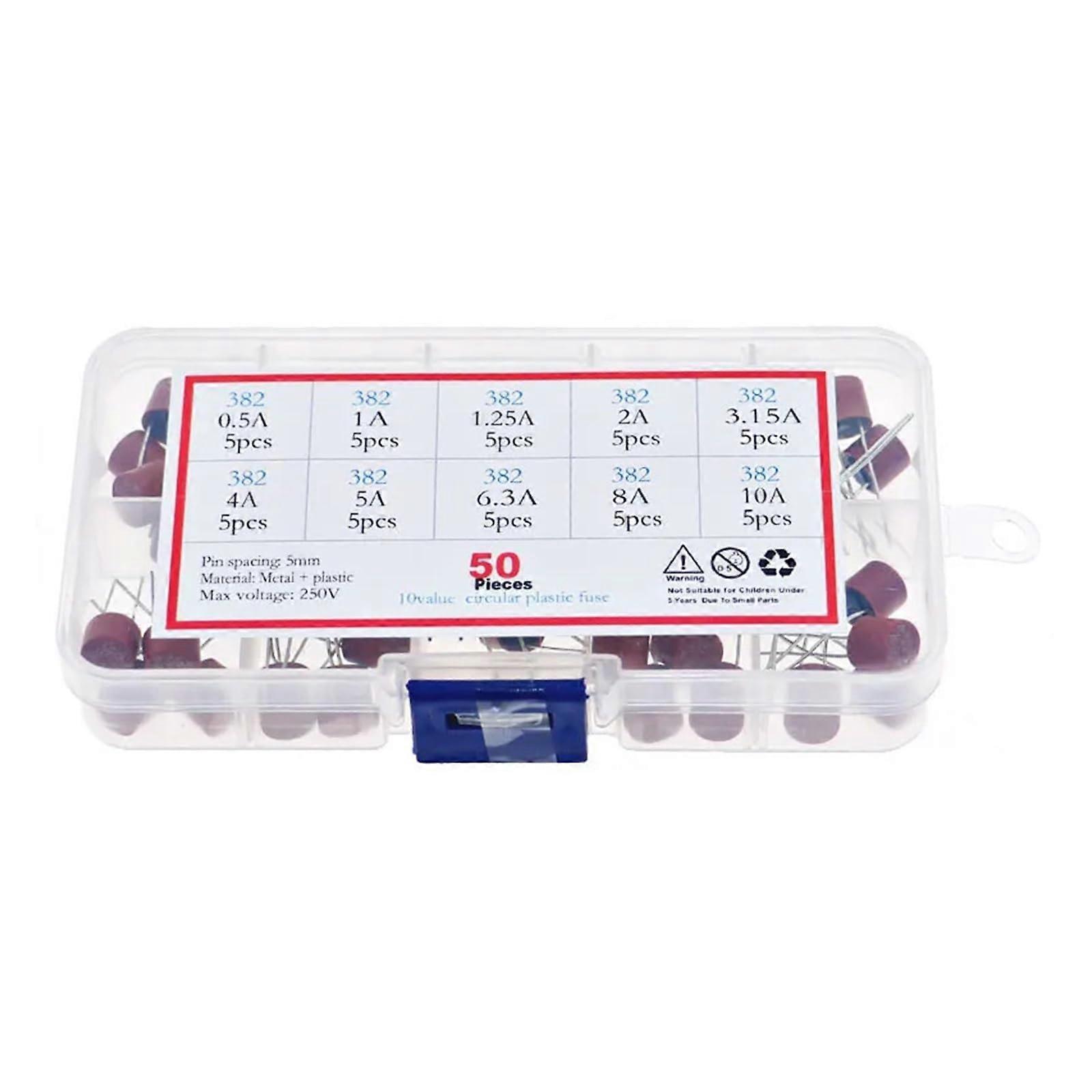382 Circular Fuse - Assorted Kit, 50 Pcs Box, 10 Values, Plastic Electrical Fuses, 0.5A To 10A