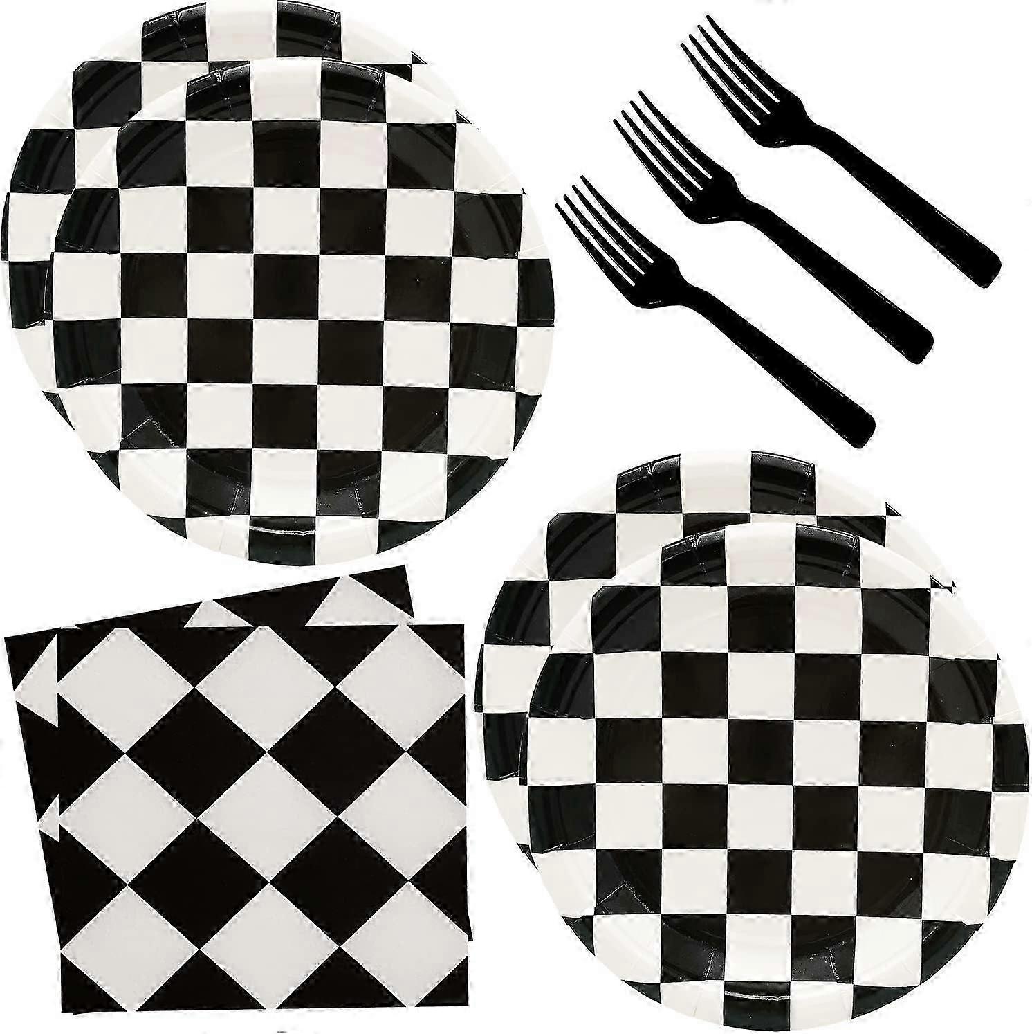 Black and White Checkered Race Car Themed Party Pack Including 7-inch Dessert Paper Plates Napkins and Fork Set