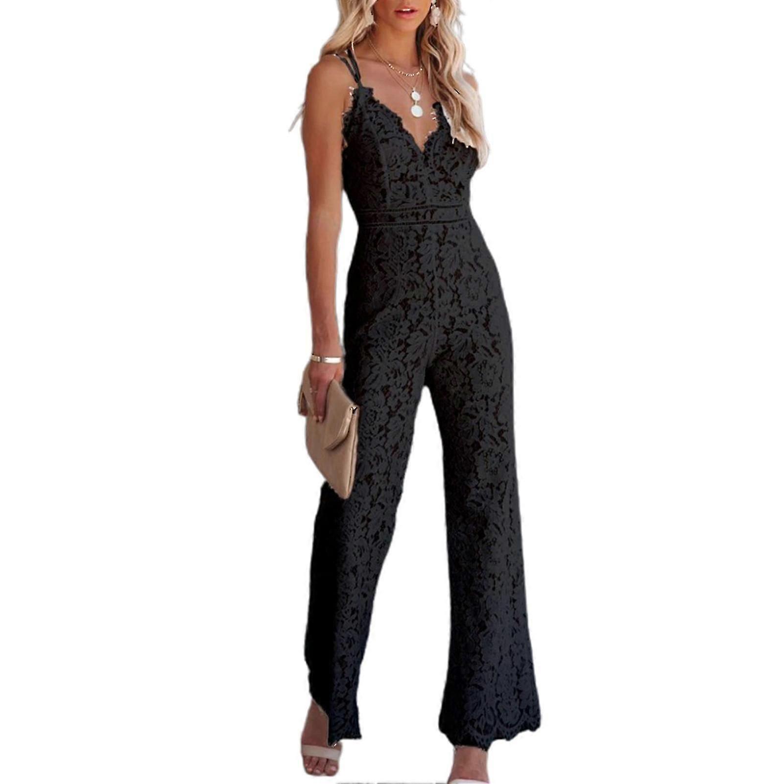 Women Jumpsuit Lace Spaghetti Straps Elegant Solid Color V Neck Sleeveless Romper for Office_Good quality