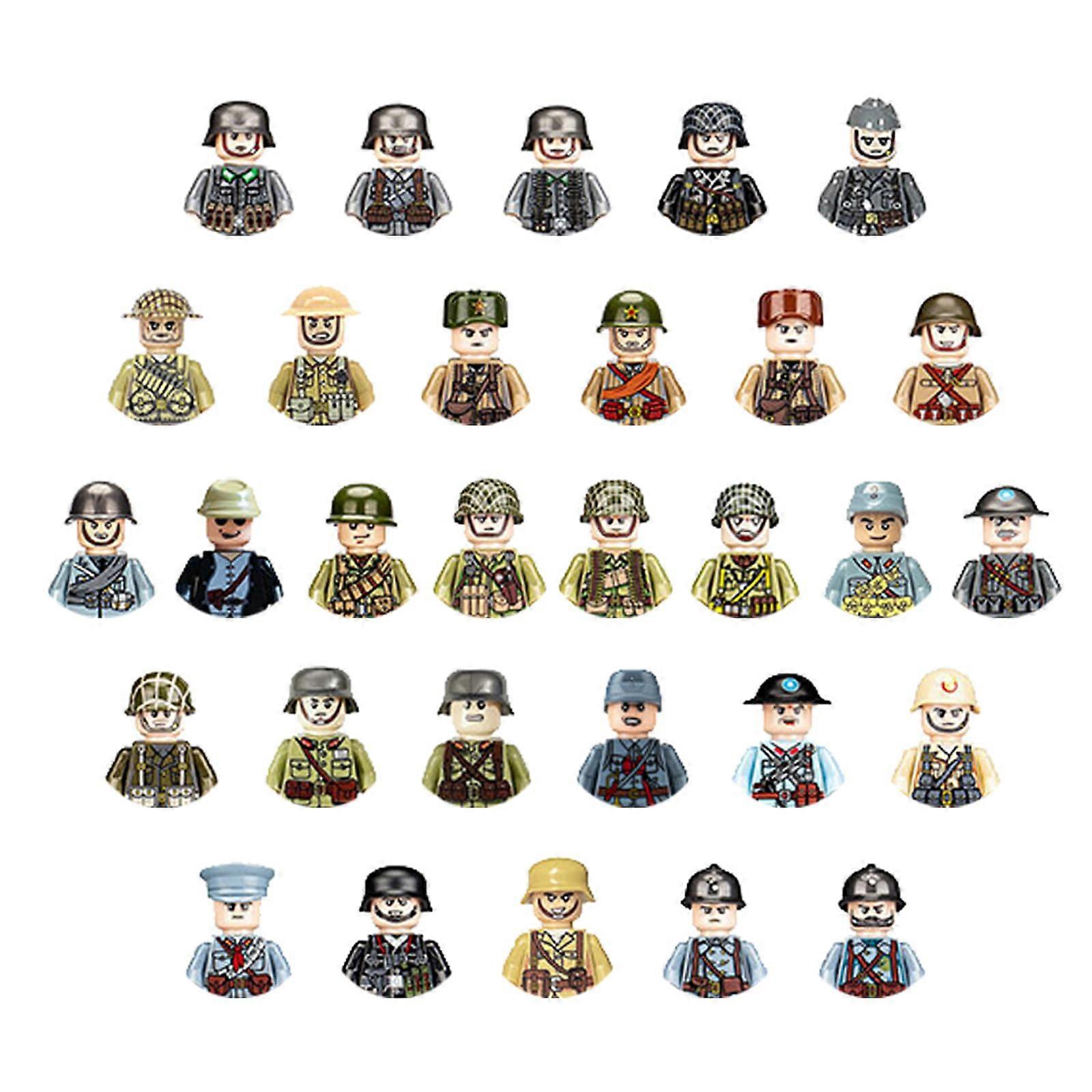 WW2 Soldier Minifigures Toy Set, 30 National Military Figures Including American, German, British, Italian, and French, Battle Playset for Kids