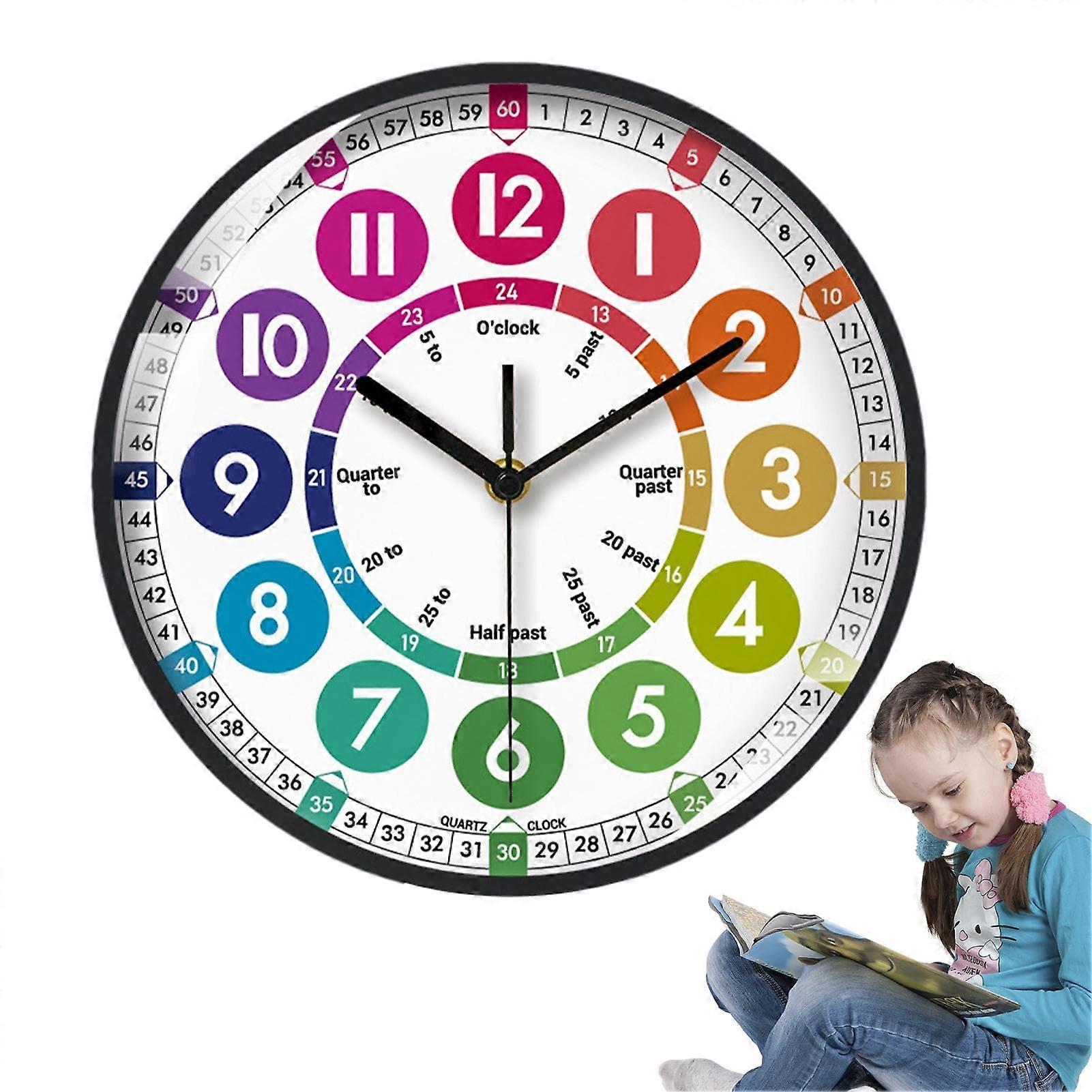 Learning Clock for Kids, Battery Operated Analog Wall Clock, Educational Time-Telling Clock, Colorful Wall Decor