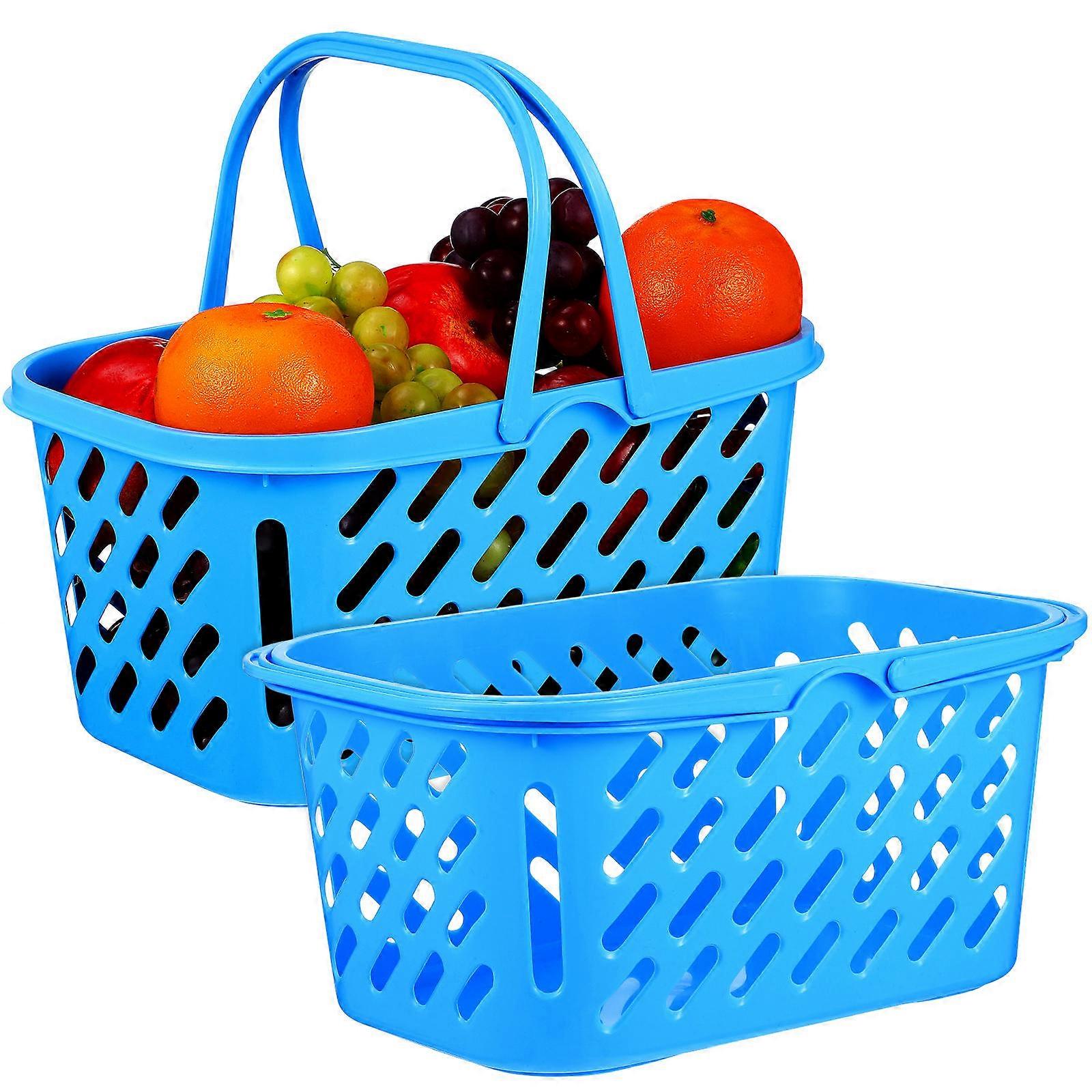 Mini Shopping Basket With Handle Plastic Grocery Baskets Blue Rectangular For Outdoor Shopping 2Pcs