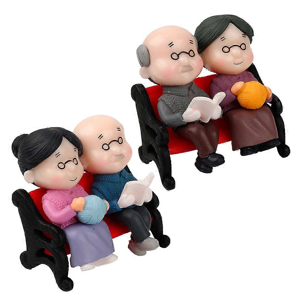 Mini Flower Bed Park Bench Miniature Grandma Grandpa Statue for Indoor Space Blue Pink Adornment 2 Sets