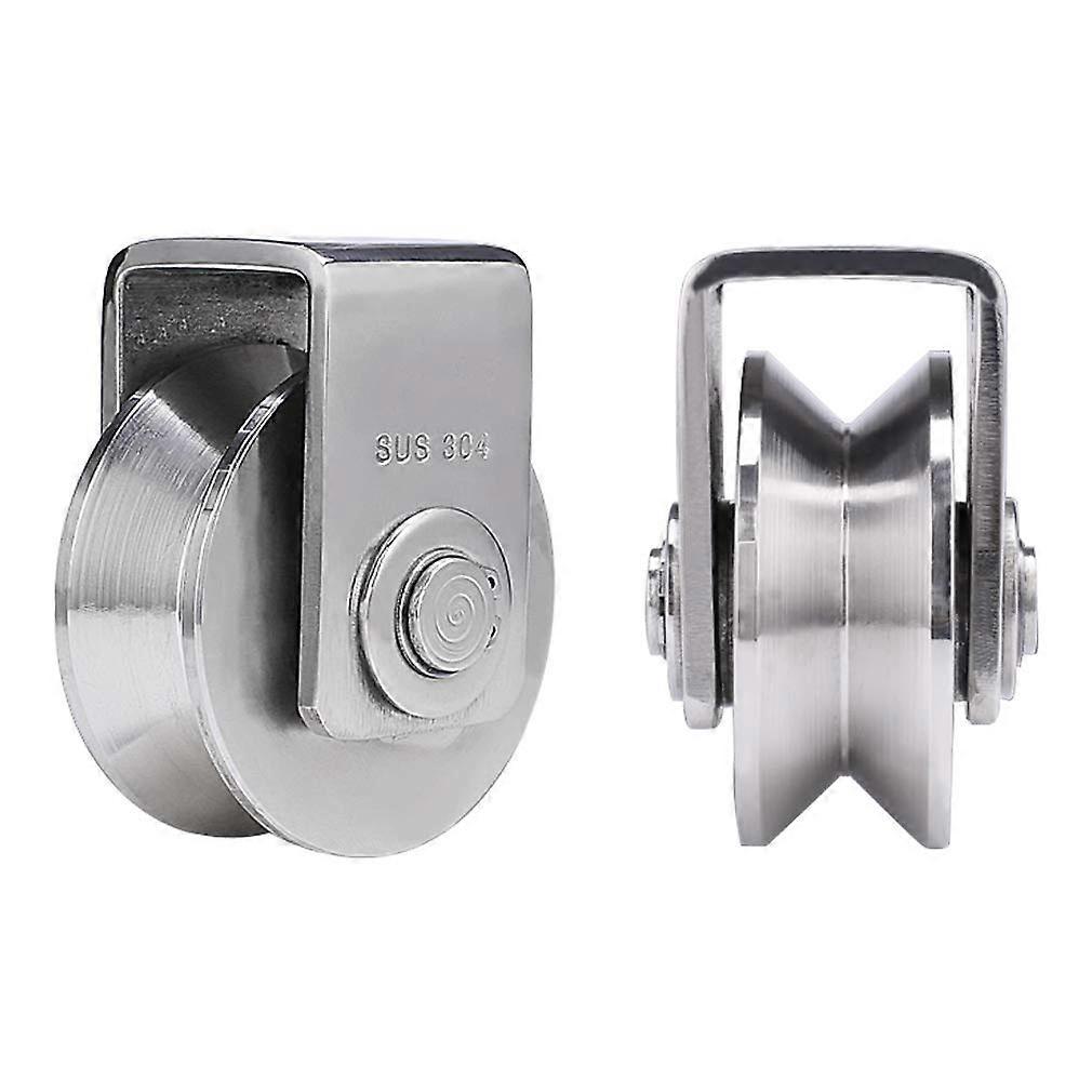 2 Groove Wheel Set - V Groove Wheel With Reverse Rail Bracket, SS304, Gate Frame Sliding Doors Roller, 1.9in