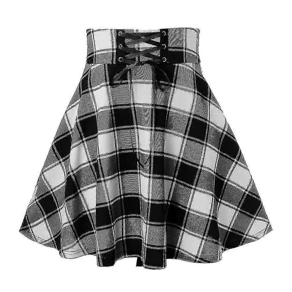 Kadın Ekose Kısa Etek Pileli Punk Tarzı Vintage Çekme İpli Elbise