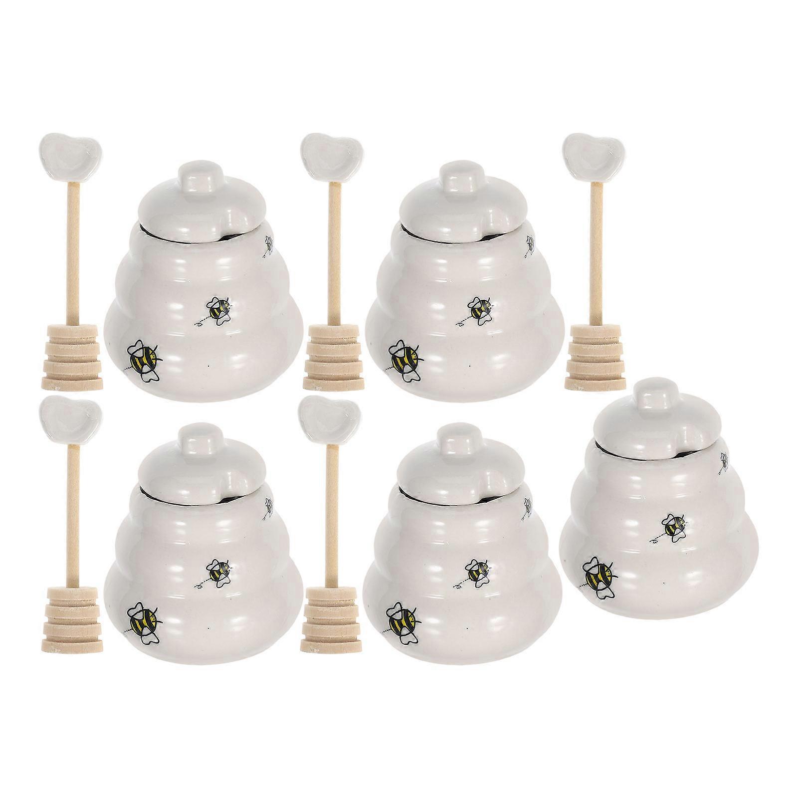 White Ceramic Honey Pot with Dipper and Lid for Storage Creative Bee Pattern 5 Pieces Set