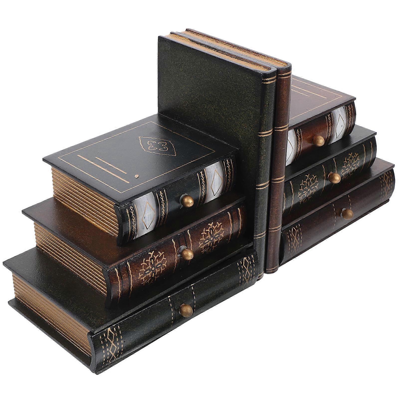 Vintage Bookend Shaped Wooden Storage Box for Shelf and Bookcase Organization and Home Decor