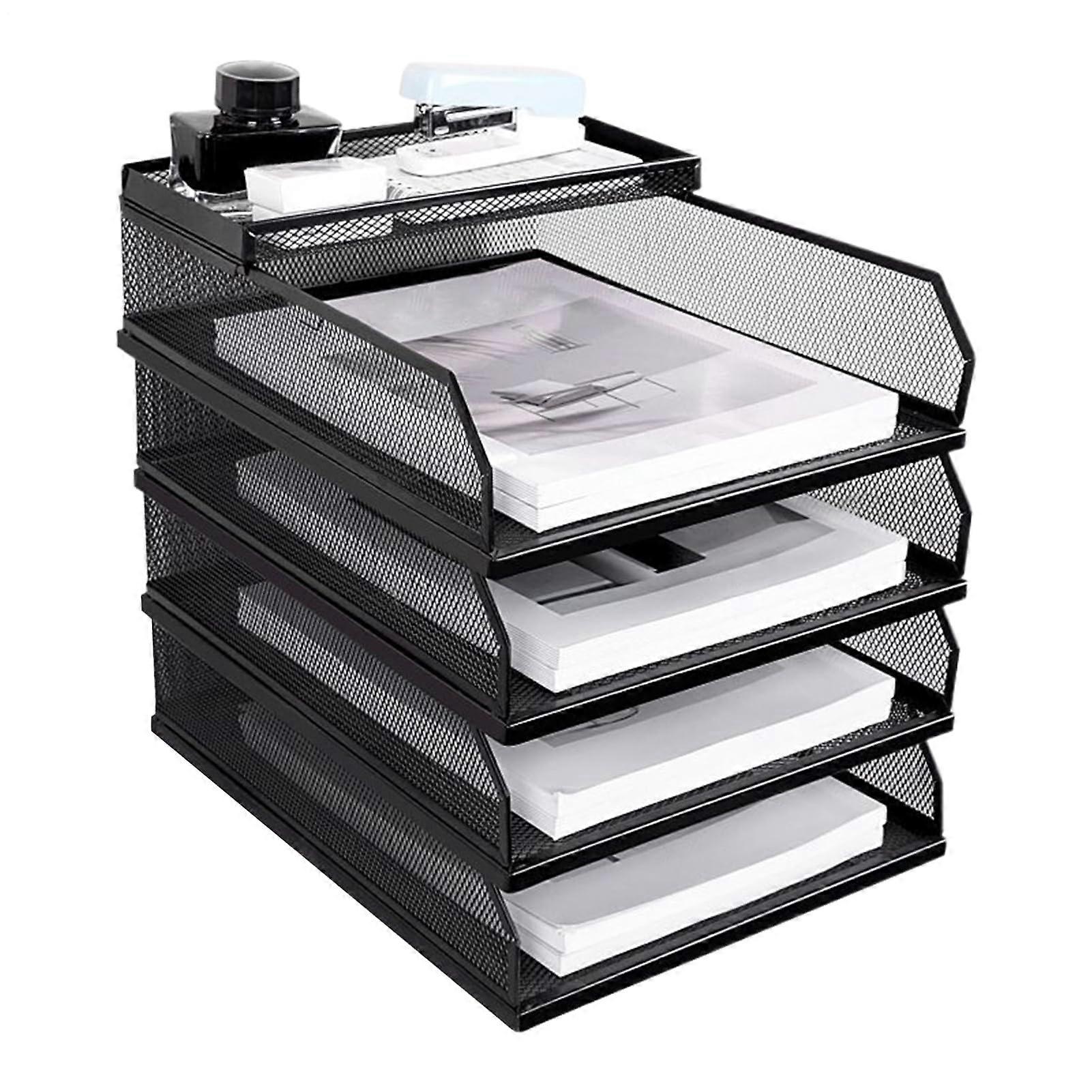 Metal Desk File Organizer - Multi-Layer Paper Holder for Documents, Large Capacity Storage Tray, Four-Tier Design