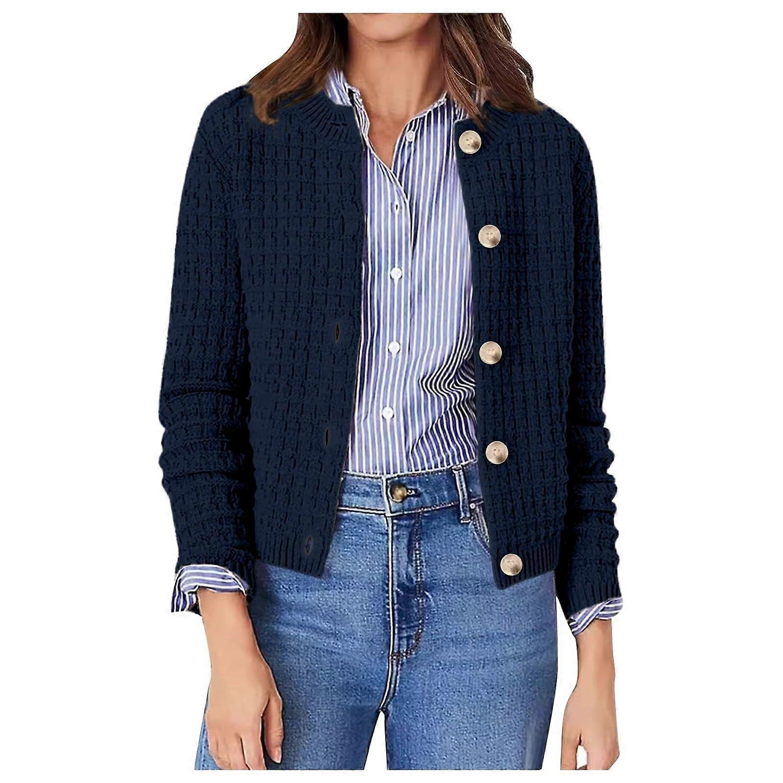 Cardigan Women's Long Sleeve Open Front Coat XL Lightweight Knitted Blazer Chunky Knit Autumn Winter in Marine Blue
