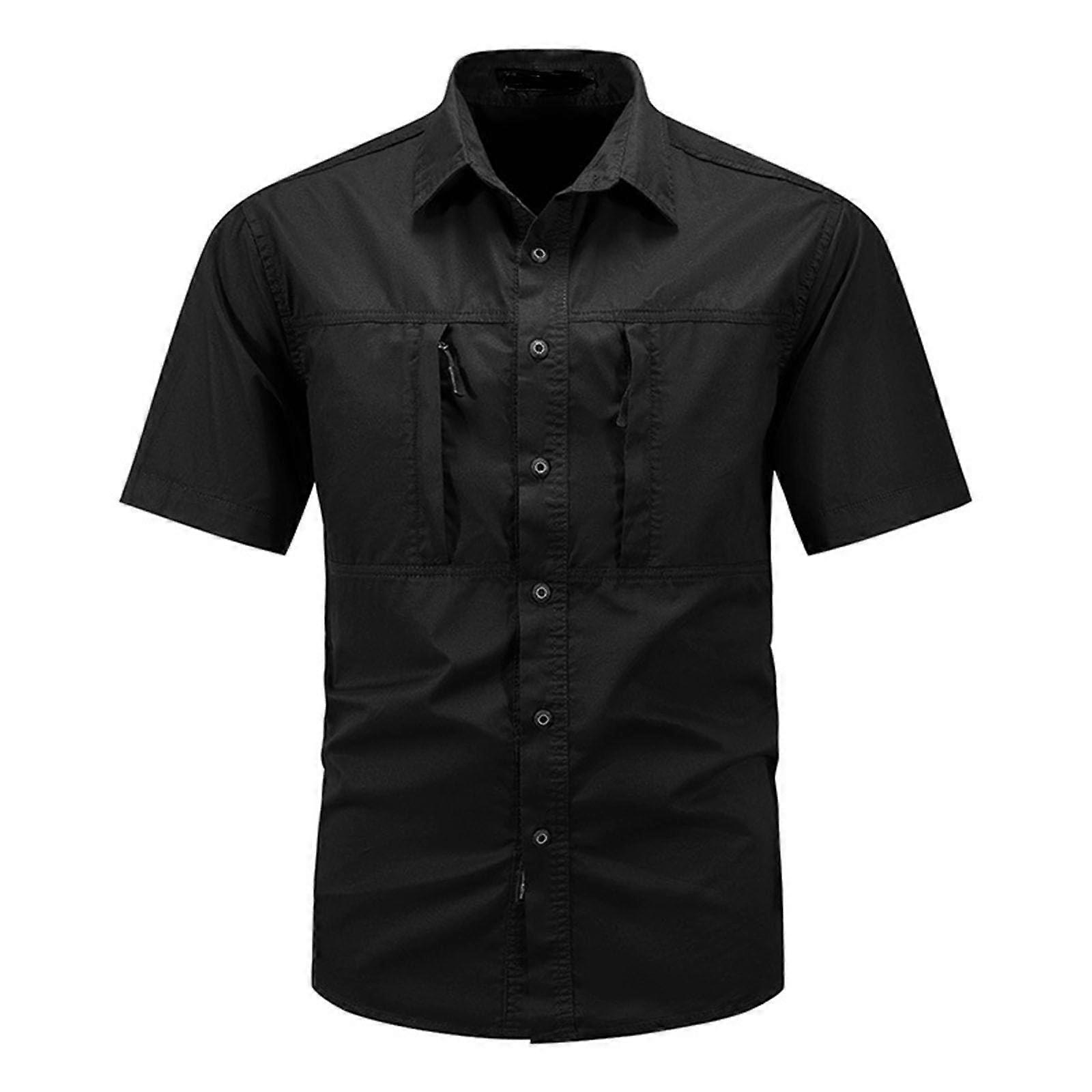Outdoor Shirt Men's Cargo Functional Long Sleeve Breathable Button Down UV Protection Safari Style Black Size L