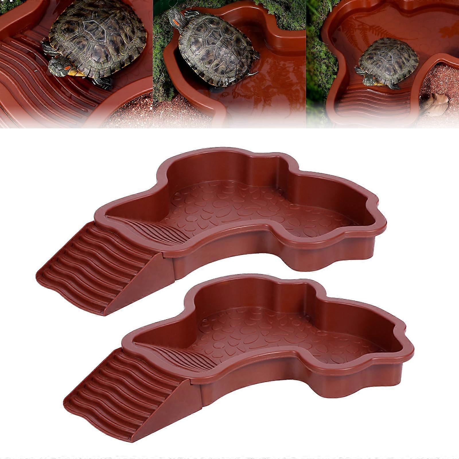 Reptile Water Dish With Ramp - 2-In-1 Turtle Bathing Pool And Feeding Bowl For Tortoise Bearded Dragon Gecko - Brown