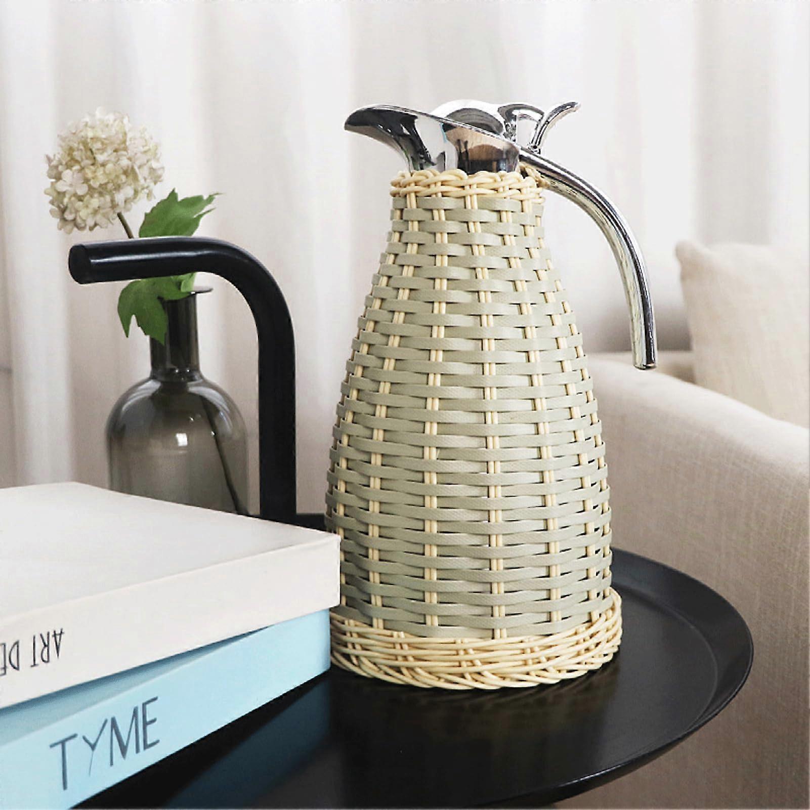 Stainless Steel Coffee Thermal Jug with Handmade Rattan Body, Insulated Hot Water Flask, 1.5L Thermos Teapot