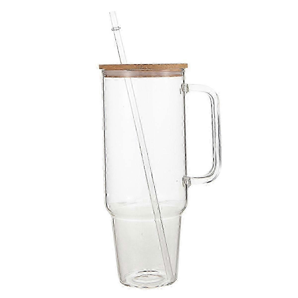 Glass Cup with Lid Round Handle and Straw Design 1 Piece 1200ml Eco-friendly