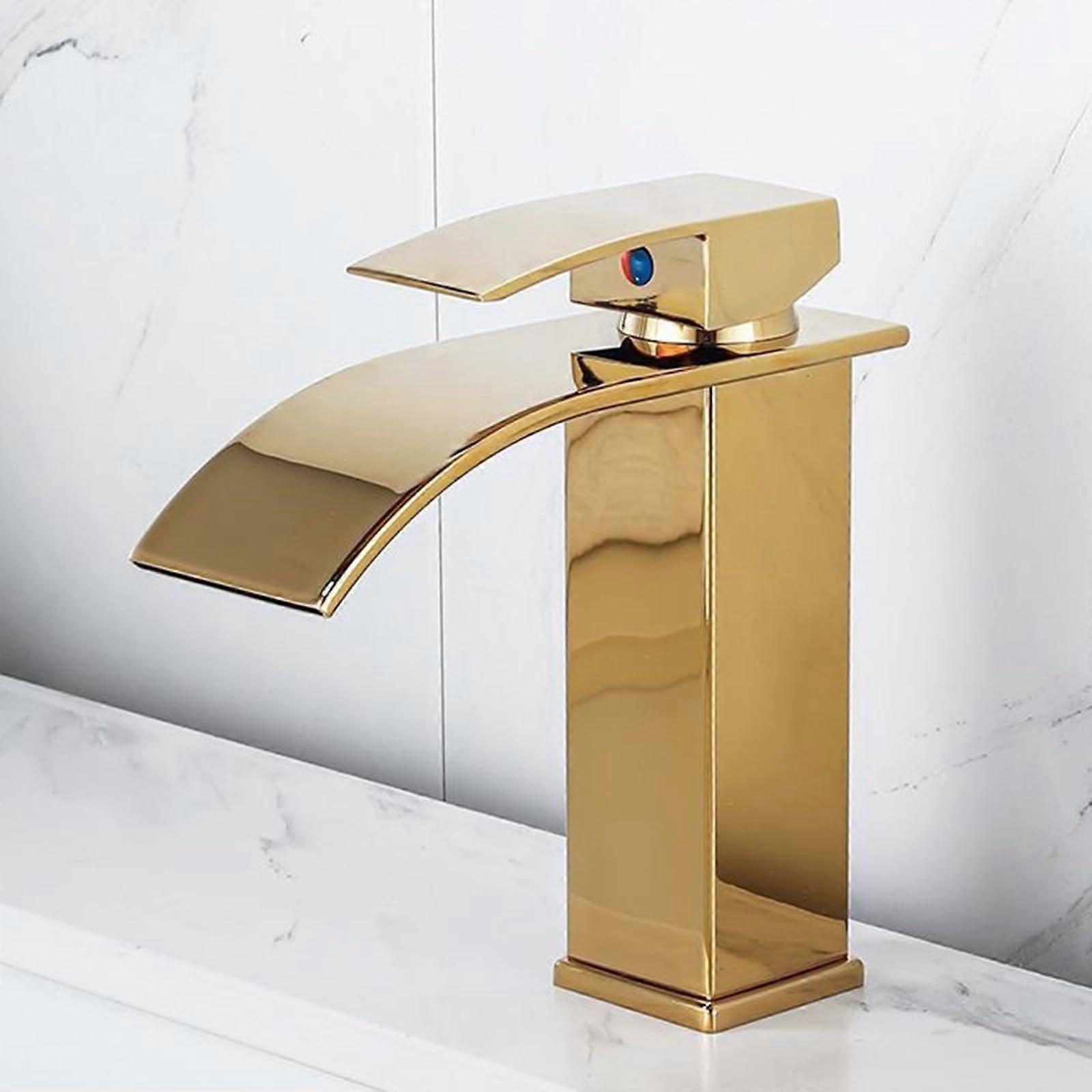 Waterfall Sink Taps Gold Finish  Single Lever Bathroom Sink Mixer Taps, 1Hole Basin Tap