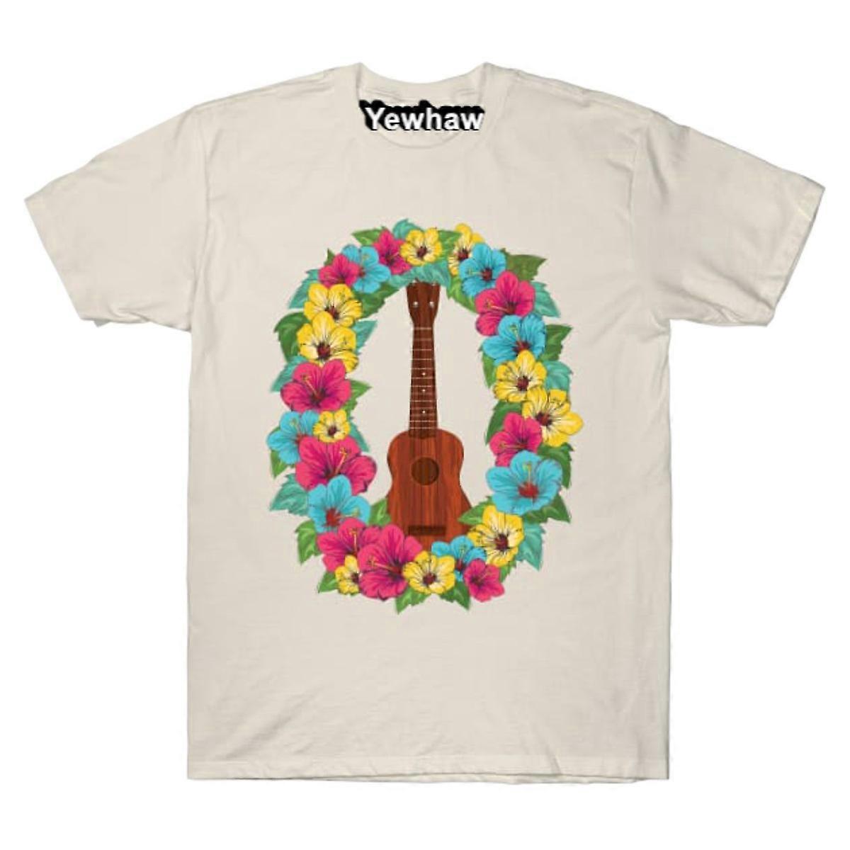 Camiseta com guirlanda de hibiscos e ukulele