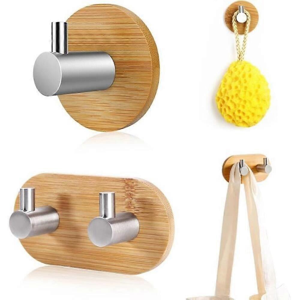 Traceless hooks, 2-pack, bamboo, 2kg load capacity, nail-free installation.