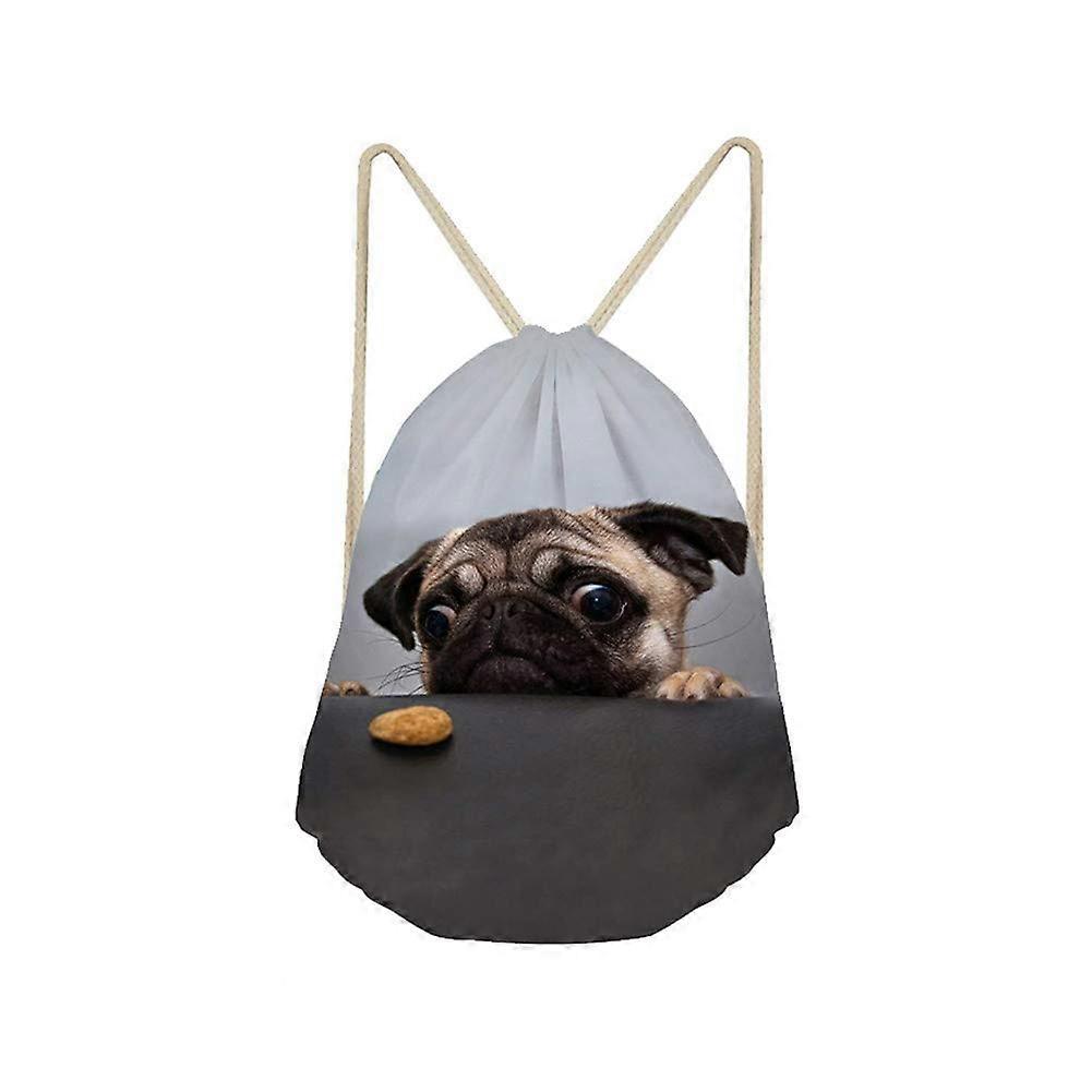Novelty 3D Pug Dog Pattern Drawstring Backpack Unisex School Sport Backpack For Teens