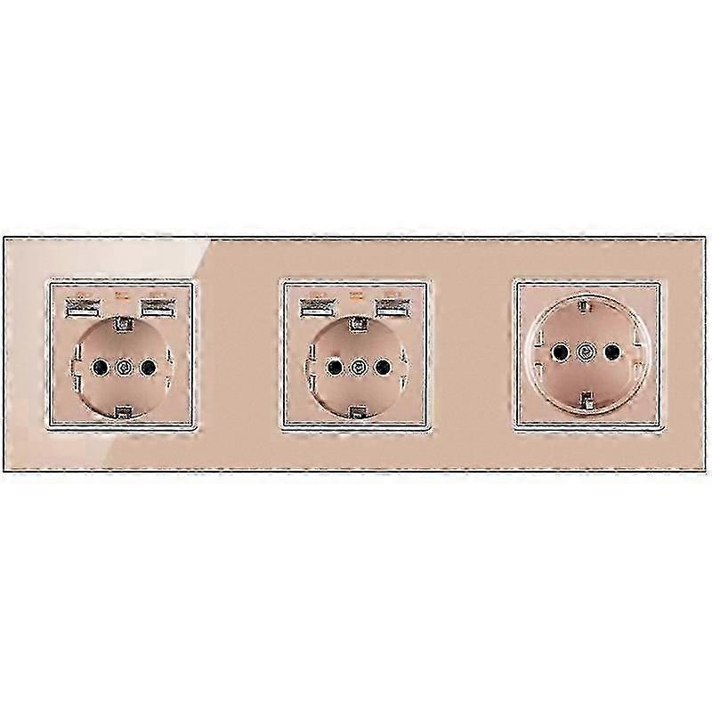 Eu Wall Triple Sockets 16a With 4 Usb 2.1a Flush-mounted 3-way Power Outlets Tempered Crystal Glass Panel German Socket z