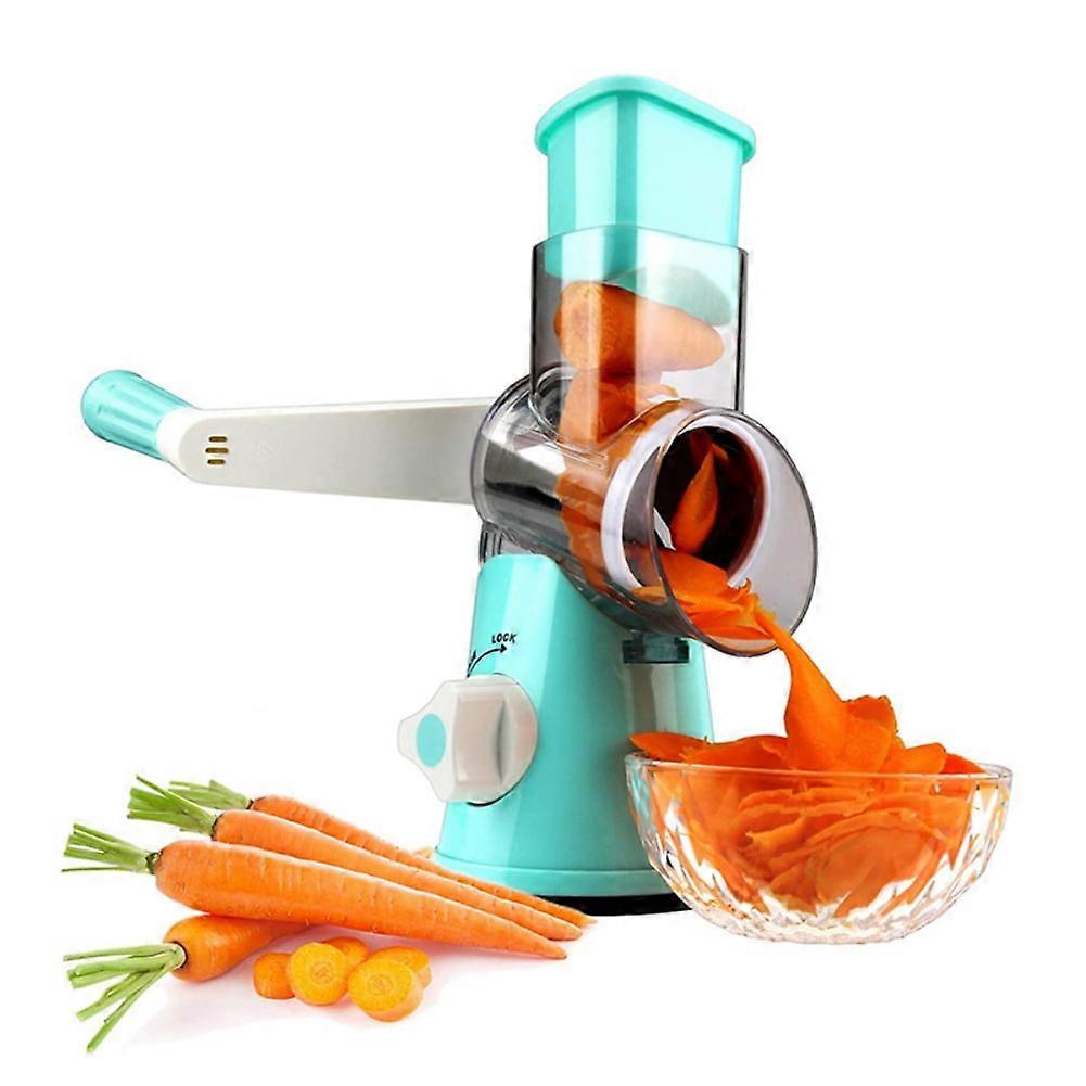 Manual Rotary Cheese Grater Round Vegetable Potato Carrot,3 Interchangeable Cheese Grater Mandoline Slicer with Strong Suction Base,Blue