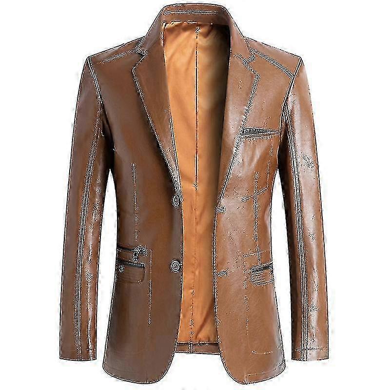 Mens Notched Lapel Button Down Business Lambskin Leather Jacket Blazer With Pockets f74