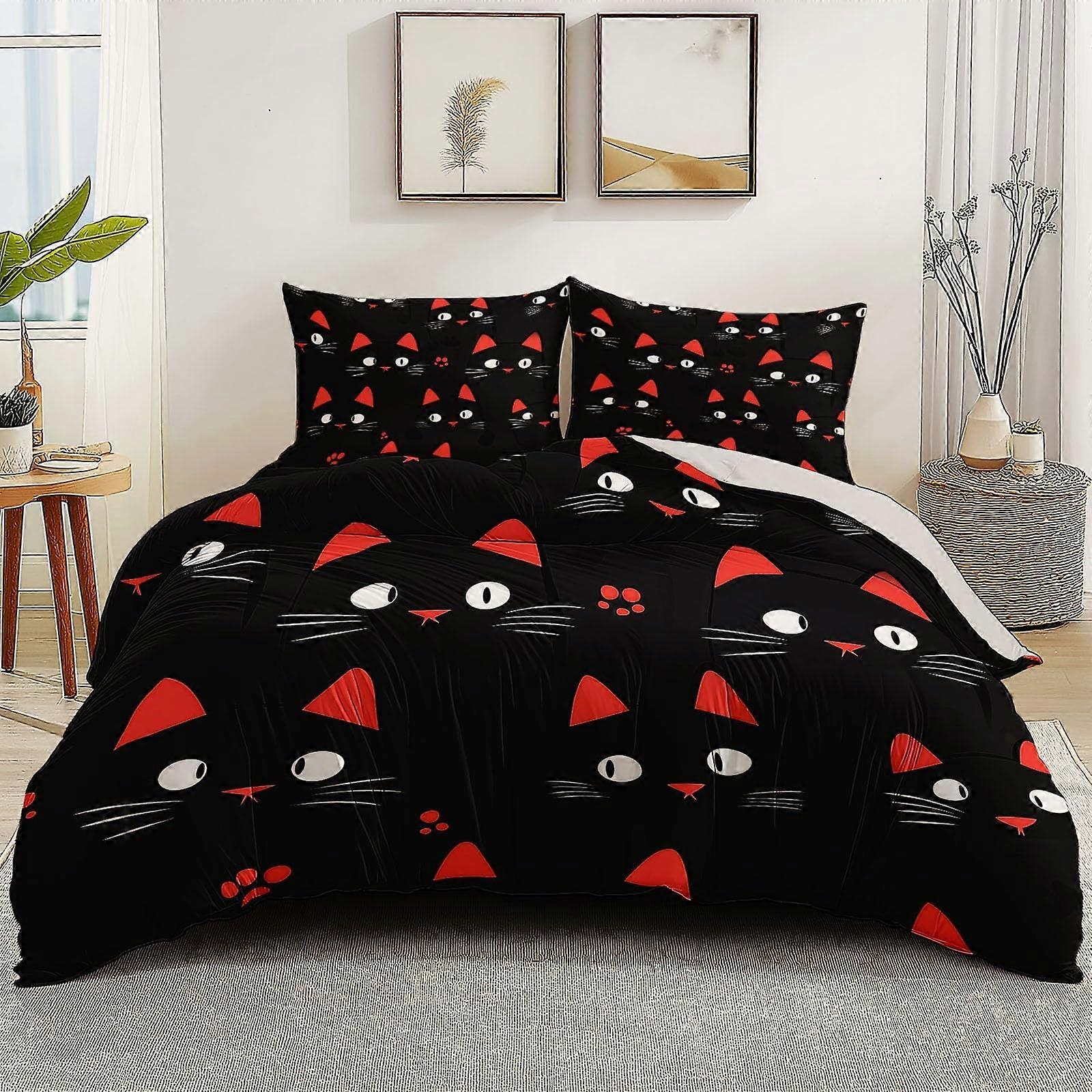 King Size Duvet Cover Set with Cartoon Black Cat, Soft Breathable Microfiber, Zipper Closure