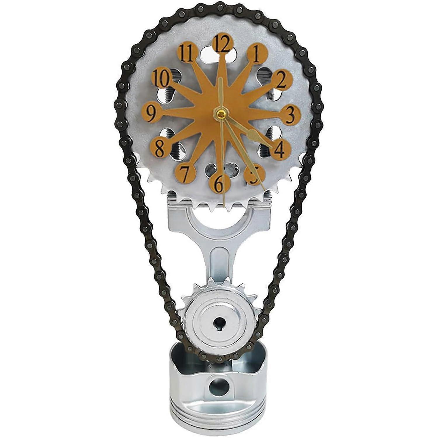 Vintage Gear Clock with Rotating Gears, Silent Timing Chain, Retro Gold Steampunk Desk Decor for Home Office