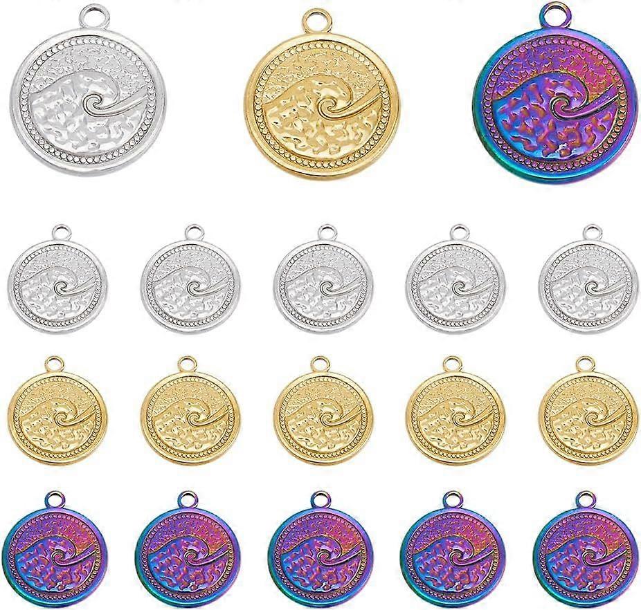 18Pcs 3 Colors Flat Round Charms with Spindrift Pattern Engraved Coin Pendants Tibetan Disc Charms Round Charms with Loop Stainless Steel Pendants for
