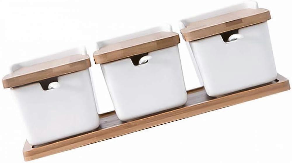 Ceramic Spice Jars Set with Wooden Lids and Spoons, Porcelain Sugar Bowl Japanese Style 3pcs