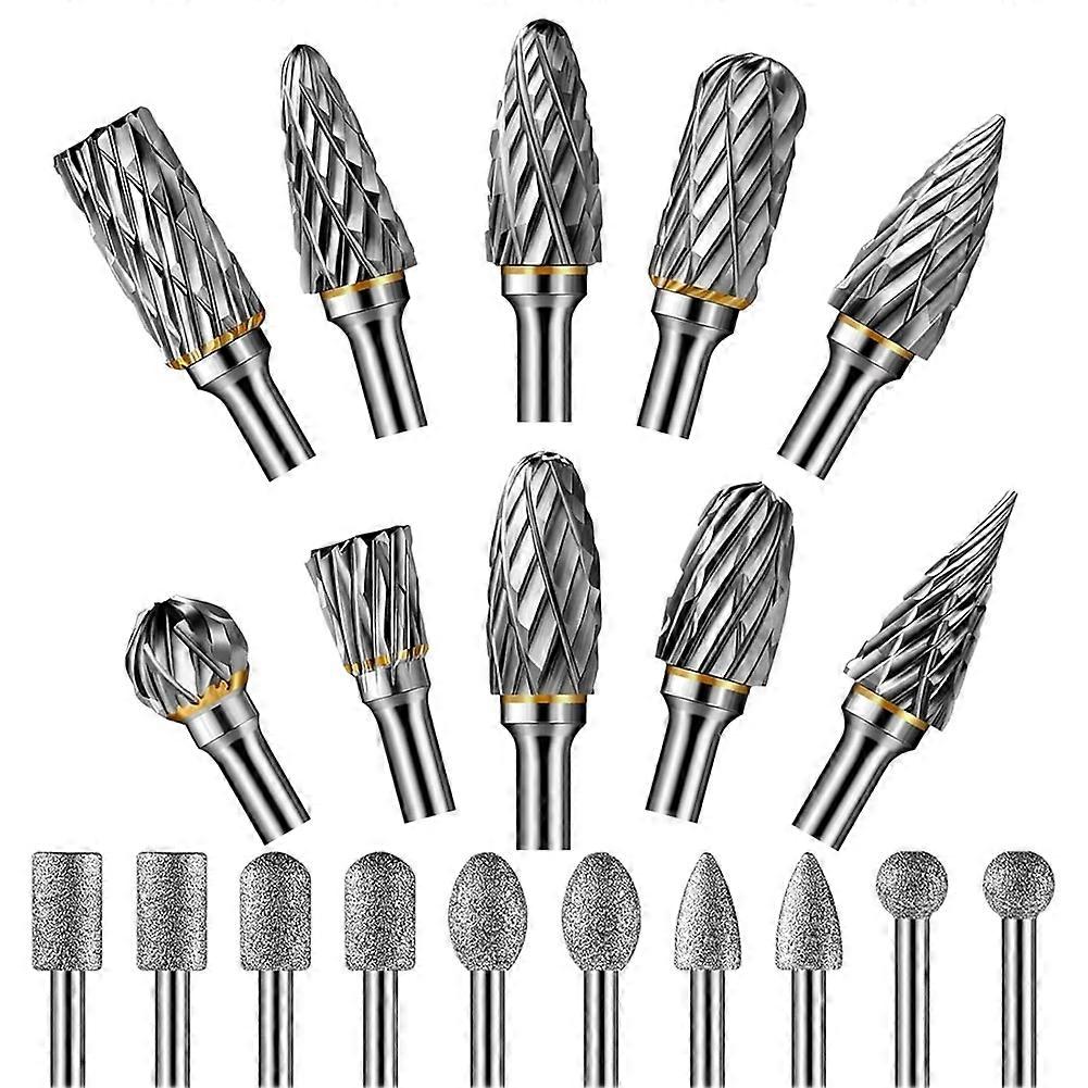 20pcs Carving Bits,10pcs Carbide Burr Bits+10pcs Diamond Drill Bits(1/8 in) Standard Cylindrical Shank for Woodworking