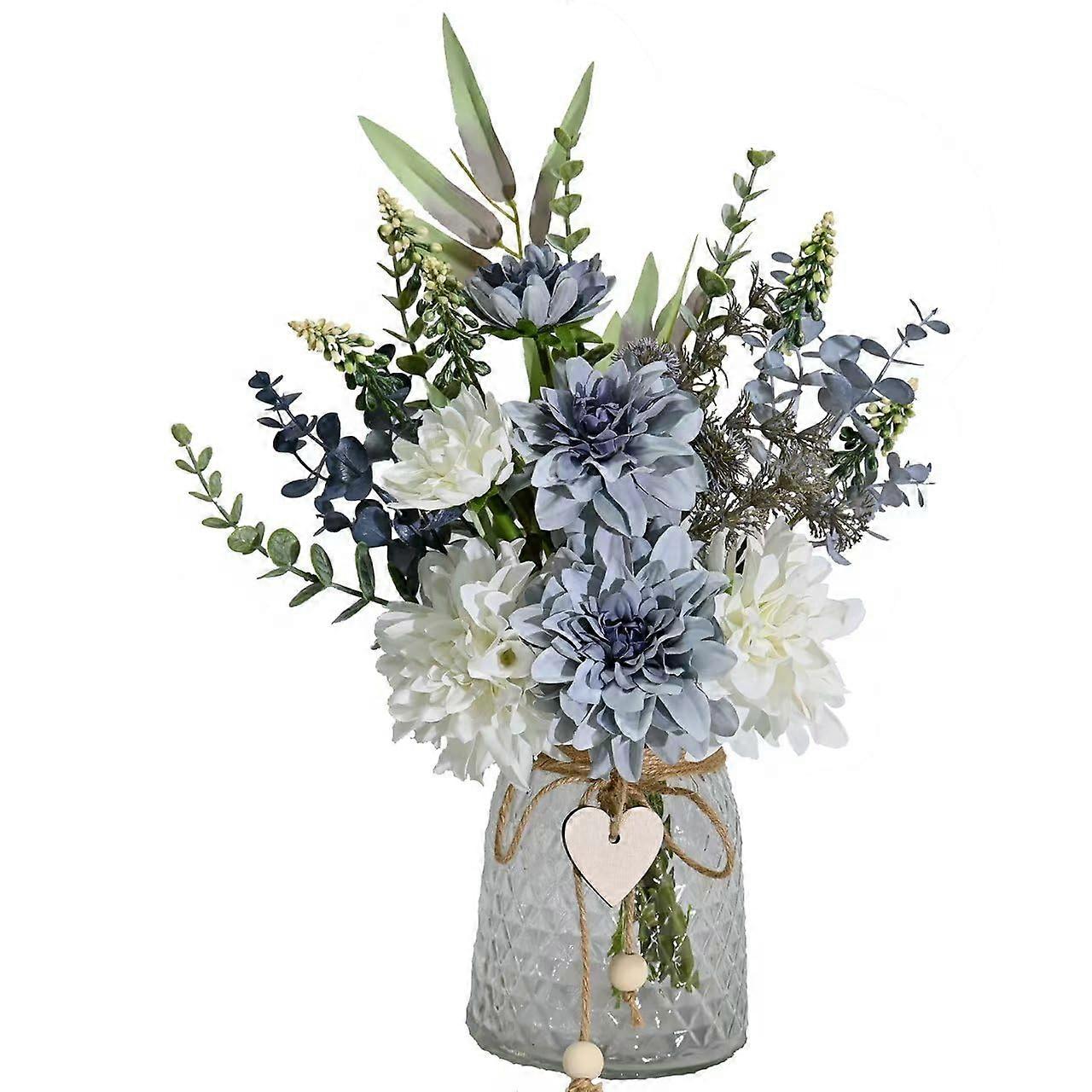 Artificial Flower Arrangement in Glass Vase with Faux Eucalyptus and Dahlia, Rustic Centerpiece for Dining Table Blue Grey