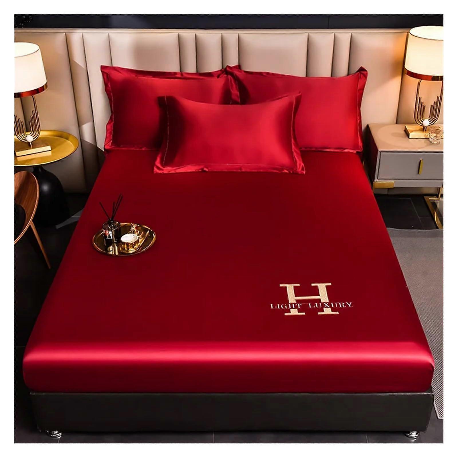 King Single Fitted Sheet Cooling Breathable Silky Soft Elastic Mattress Cover Red 90x200x30cm